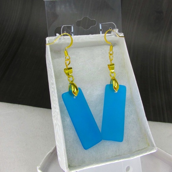 Gold Plated Electric Blue Frosty Glass Earrings - Picture 3 of 3